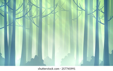 Foggy fairy green forest background. EPS10 vector illustration.
