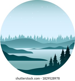 Foggy flat vector landscape with fir trees in circle