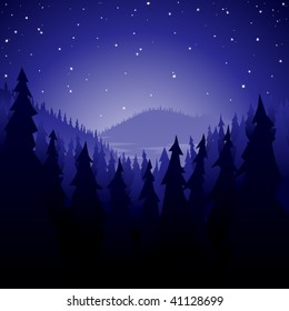 Foggy forest of abstract pine trees at night