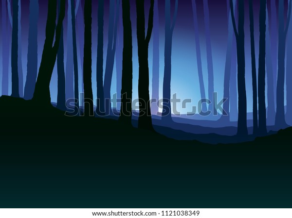 霧の多い森 暗い木のシルエット 青い霧の中の木の幹 夜間の森のベクターイラストに霧 のベクター画像素材 ロイヤリティフリー