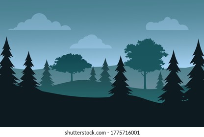 Foggy forest landscape with trees silhouette