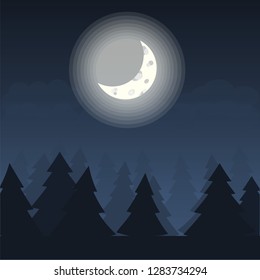 Foggy forest at night vector illustration