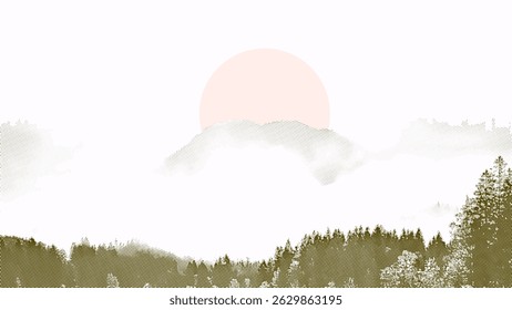 foggy forest and sunset background