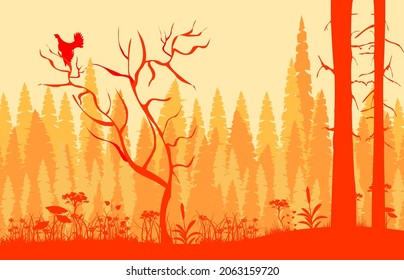 Foggy Forest, trees and animals silhouettes vector illustration