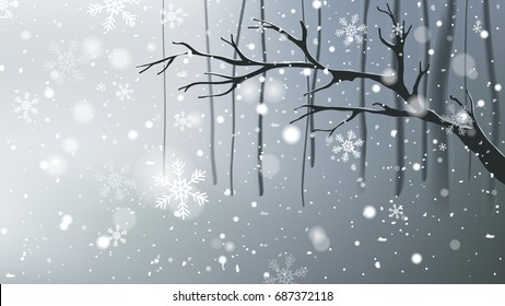 Foggy forest in winter with snowflakes background