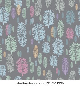 Foggy Forest-Virgin Forest illustration seamless Repeat Pattern .seamless Repeat Pattern Background in Grey-Green Petrol Blue, pink,purple and orange .Abstract Pattern of Modern Fern shapes and Shades