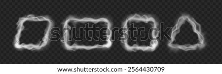 Foggy frames and smoky borders, realistic empty banners forms. Isolated empty containers made of mist or smoke, fume or vapor. Triangle and rhombus, rectangle and square geometric shapes