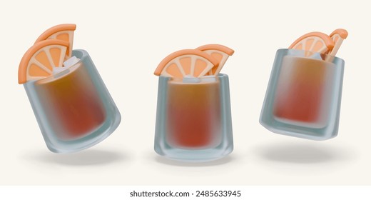 Foggy glass with cold drink. Citrus cocktail with pieces of fruit. Served alcohol