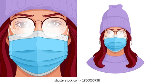 Gafas de niebla y máscara facial. Retrato vectorial de una joven que tiene que soportar la mecha de sus anteojos mientras lleva una máscara médica. Condensación molesto en las lentes durante el bloqueo de COVID.