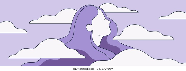 Foggy head, foggy thoughts, brain fog concept. Distracted attention. Sad woman suffers from a headache. Depressed girl suffers from temporary memory loss and confusion. Vector flat style illustration.