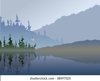 A foggy lake. Time of day: early in the morning or right after sunset. A bird flies low over the water.