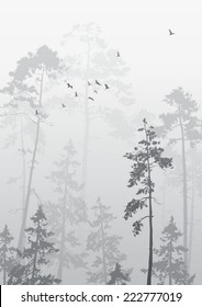 foggy landscape with a flock of birds flying over the forest, black and white