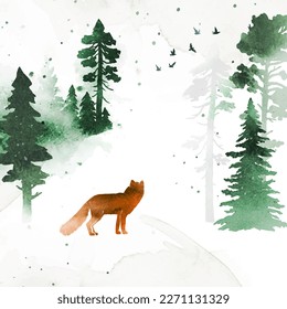 Foggy landscape with isolated animal, birds and coniferous forest. Watercolor vector  Illustration with silhouette trees and fox. Design for  poster, postcard, banner, print