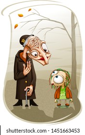 Foggy morning in autumn park. Old lady and little girl are here. Woman holds hand on chest and looks with tenderness at girl holding jump rope in her hands.