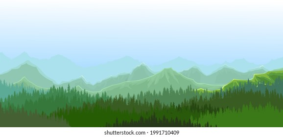 Foggy morning in coniferous forest. Silhouettes of trees. Wild hilly landscape. Mountains. Pine, cedar. Landscape is horizontal. Illustration vector