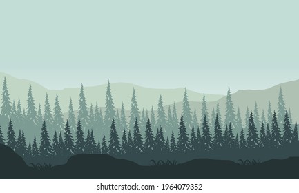 Foggy morning with incredible natural views from the suburbs. Vector illustration of a city