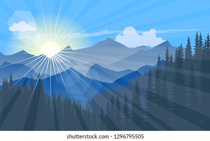 foggy morning landscape with sun ray 