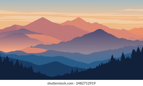 Nublado panorama matutino de las montañas del valle. Espléndido amanecer de verano en las montañas de los Cárpatos, ubicación del pueblo de Rika, Transcarpatía, Ucrania, Europa, Ilustración vectorial llana