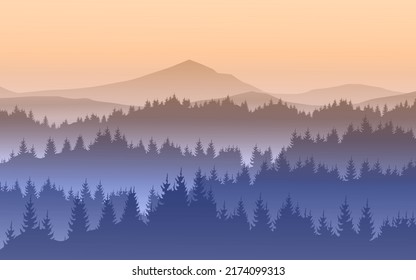 Foggy mountain forest silhouette landscape