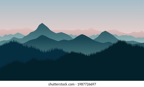 Foggy mountain landscape background. Panoramic image of silhouettes of mountains on a background of the evening sky. Mountain peaks covered with coniferous forest in the foreground.