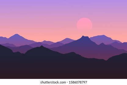 Foggy mountain range peak with sunset