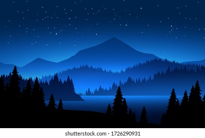 Foggy Mountain In Starry Night