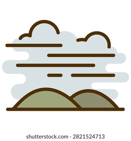 Foggy mountain weather forecast flat icon. Green mountains hidden in gray fog and clouds with thick outline on white.