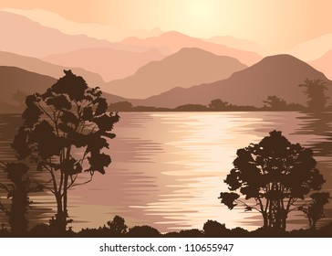 	Foggy mountains and lake. Fale Illustrator 8