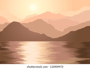 Foggy mountains and lake. File EPS(10)