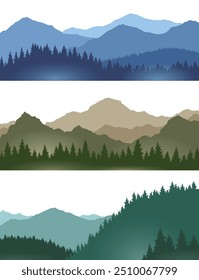 Foggy mountains landscape background set. Smoky and rocky panorama with mountains skyline and pine tree forest silhouettes. Scenery with slopes, vector cartoon illustration