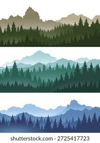 Conjunto de fundo paisagem de montanhas nebulosas. Panorama fumegante e rochoso com montanhas no horizonte e silhuetas de pinheiros florestais. Paisagem com encostas, ilustração de desenho animado vetorial