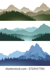 Conjunto de fundo paisagem de montanhas nebulosas. Panorama fumegante e rochoso com montanhas no horizonte e silhuetas de pinheiros florestais. Paisagem com encostas, ilustração de desenho animado vetorial