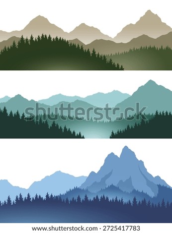 Foggy mountains landscape background set. Smoky and rocky panorama with mountains skyline and pine tree forest silhouettes. Scenery with slopes, vector cartoon illustration
