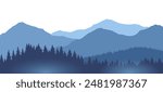 Foggy mountains landscape background. Smoky and rocky panorama with mountains skyline and pine tree forest silhouettes. Scenery with slopes, vector cartoon illustration