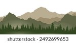 Foggy mountains landscape background. Smoky and rocky panorama with mountains skyline and pine tree forest silhouettes. Scenery with slopes, vector cartoon illustration