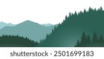 Foggy mountains landscape background. Smoky and rocky panorama with mountains skyline and pine tree forest silhouettes. Scenery with slopes, vector cartoon illustration
