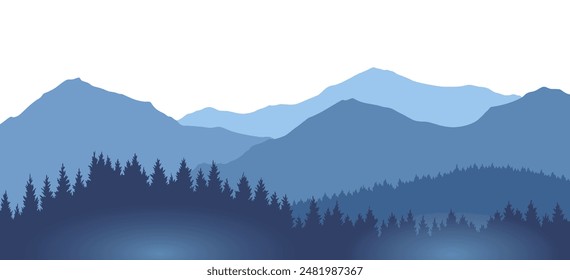 Foggy mountains landscape background. Smoky and rocky panorama with mountains skyline and pine tree forest silhouettes. Scenery with slopes, vector cartoon illustration