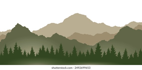 Foggy mountains landscape background. Smoky and rocky panorama with mountains skyline and pine tree forest silhouettes. Scenery with slopes, vector cartoon illustration