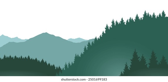 Foggy mountains landscape background. Smoky and rocky panorama with mountains skyline and pine tree forest silhouettes. Scenery with slopes, vector cartoon illustration