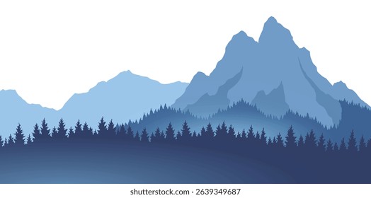 Foggy mountains landscape background. Smoky and rocky panorama with mountains skyline and pine tree forest silhouettes. Scenery with slopes, vector cartoon illustration