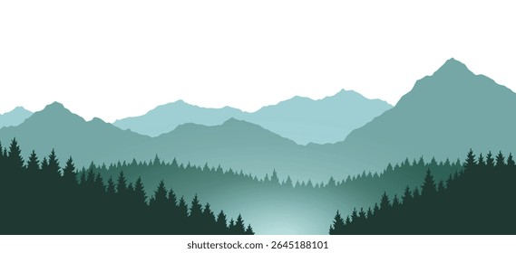 Fundo de paisagem de montanhas nebulosas. Panorama fumegante e rochoso com montanhas no horizonte e silhuetas de pinheiros florestais. Paisagem com encostas, ilustração de desenho animado vetorial