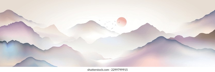 Foggy mountains landscape. Scenery with slopes, misty clouds and sunset. Chinese color ink painting panorama. Oriental traditions of sumi e, u sin, go hua drawing. Cartoon flat vector illustration