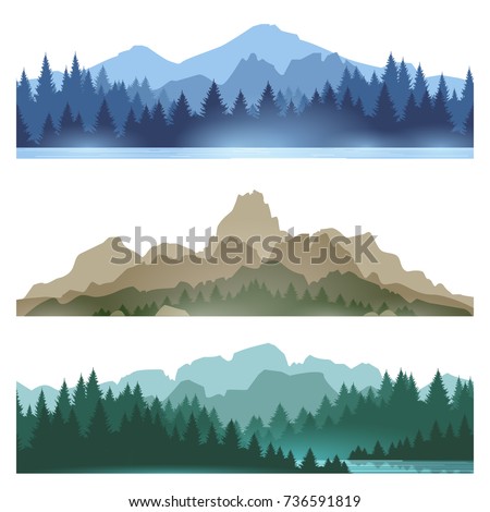 Foggy mountains landscape set vector illustration. Smokey rocky panorama with mountains skyline and pine tree forest silhouettes