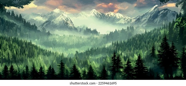 Foggy mountains landscape landscape vector illustration. Smoky rocky panorama with mountain mountains and silhouettes for pine forest. Evergreen forests and green meadows. Mountains in fog with forest