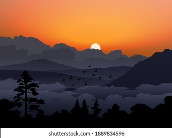 Foggy mountains sunset scene. Sunset at mountain with fog and forest