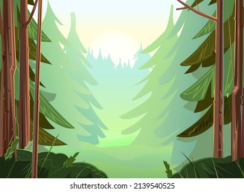 Foggy pine forest. Road in a foggy coniferous forest. Beautiful pine trees. Wild floral landscape. Illustration in cartoon style flat design. Vector.