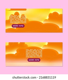 Foggy Sky Landscape with Sun Banner Set Design Template EPS10 afternoon orange sky scenery with clouds and bright orange sun and fog background with description box and purple more info button banner