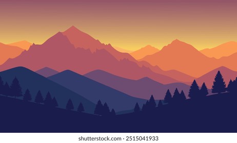 Foggy summer sunrise in the mountains flat vector illustration.