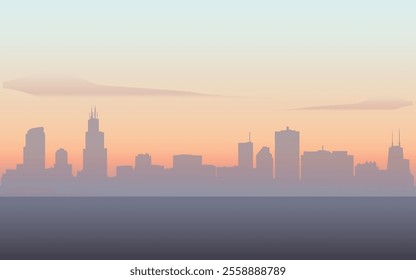 Foggy sunrise over skyline of the city of Chicago with city name inscription