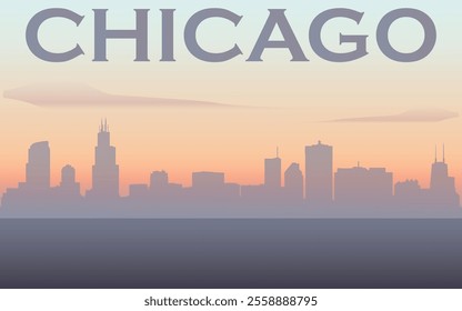 Foggy sunrise over skyline of the city of Chicago with city name inscription